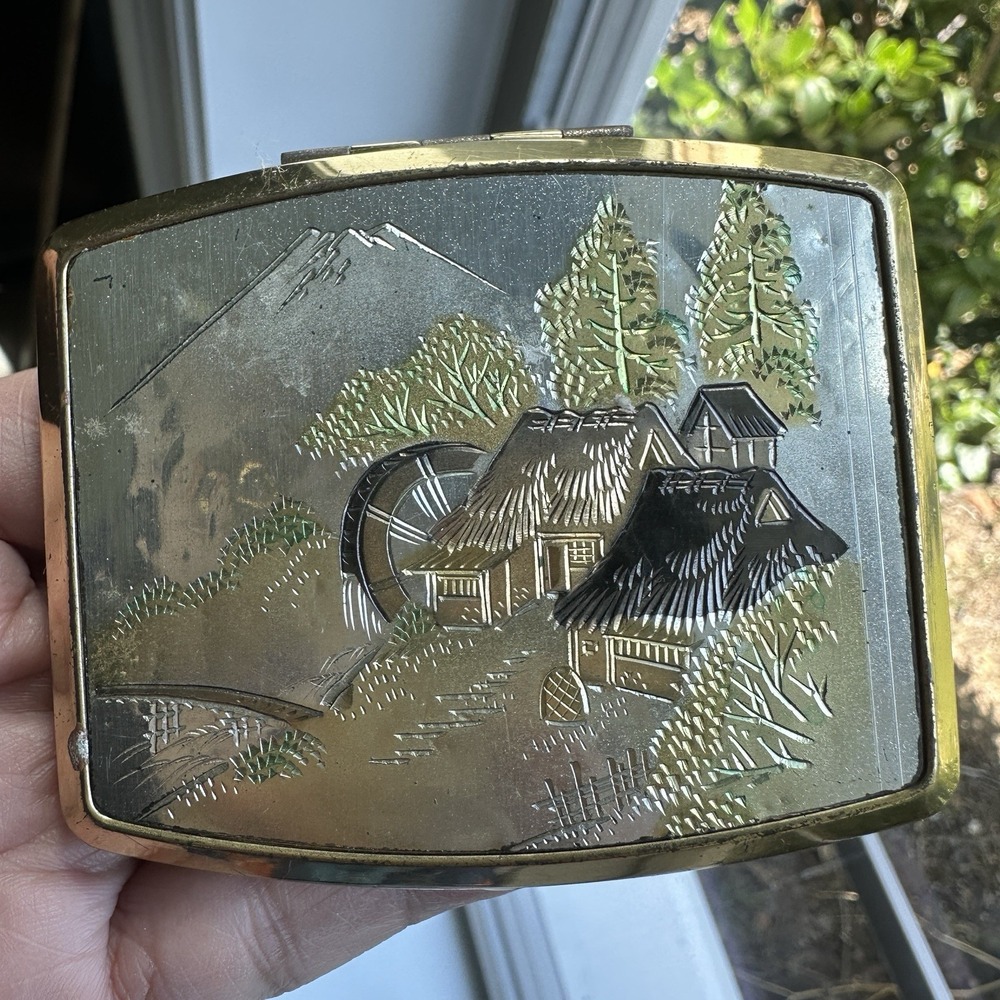 VTG Japanese Damascene Compact Case 2.75 Inch Mirror Temple Mount Fuji Guilloche